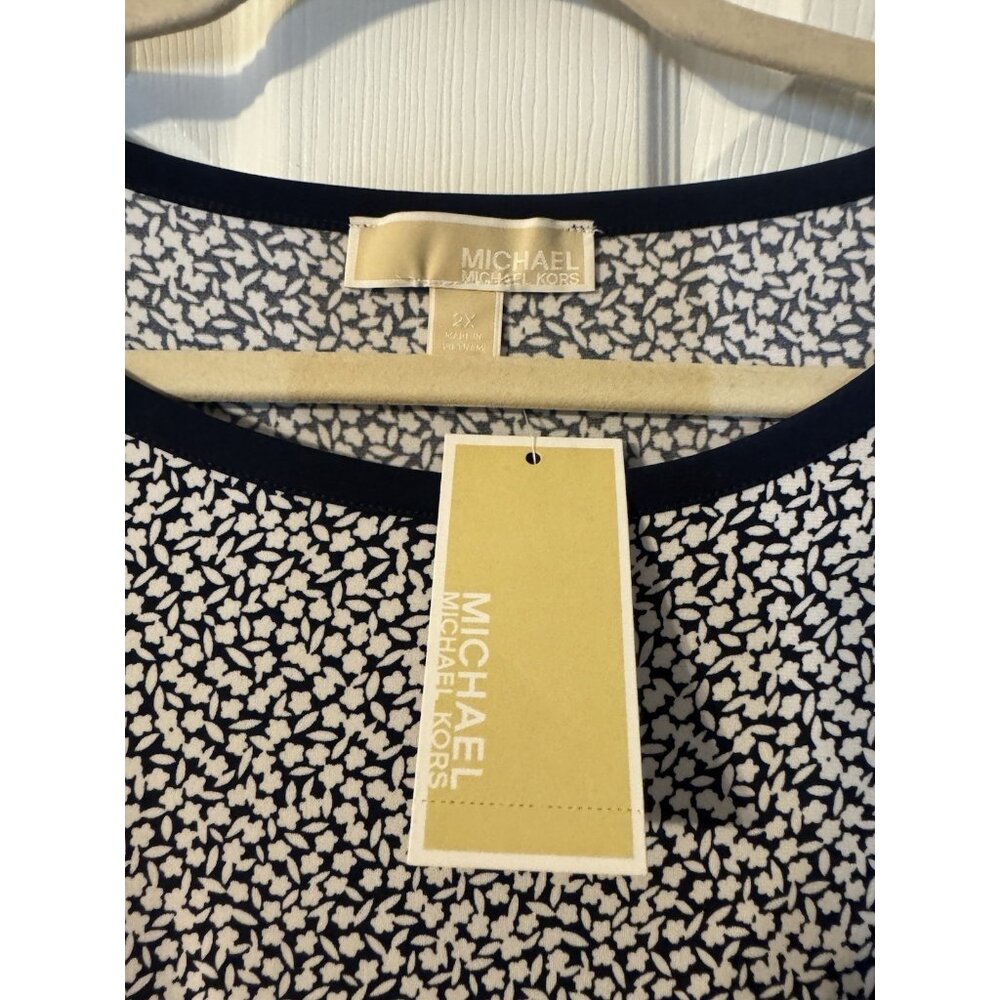 Michael Kors Shift Dress 2X Navy Blue Ivory White Short Sleeve Washable NEW - Picture 7 of 12